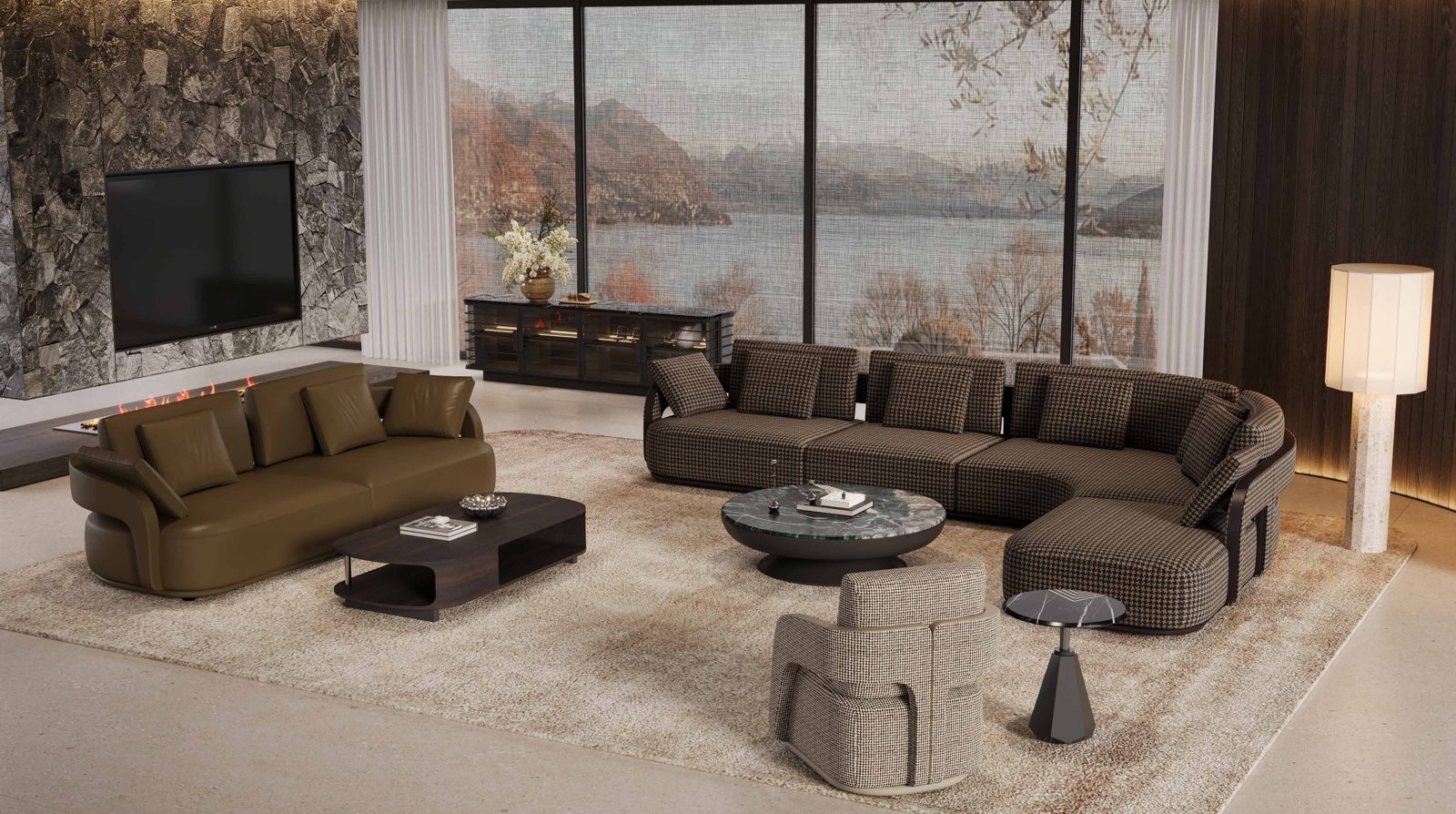 Frank Sofa — Houndstooth Elegance, A Harmonious Symphony of Vintage, styled in a luxury living room