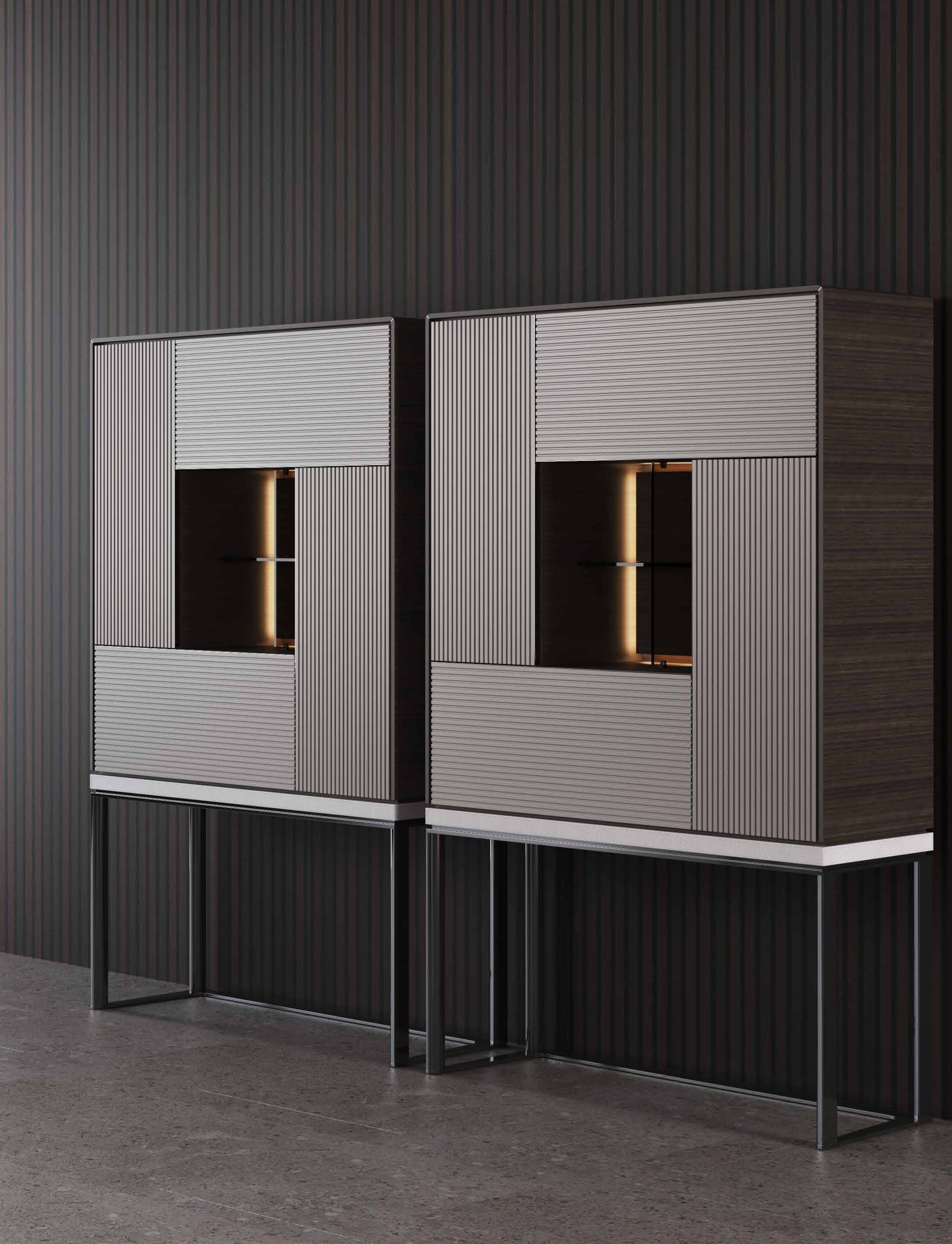Kent Tall Cabinet — Rotating Lines, Walnut Elegant Rhythm, styled in a luxury dining room