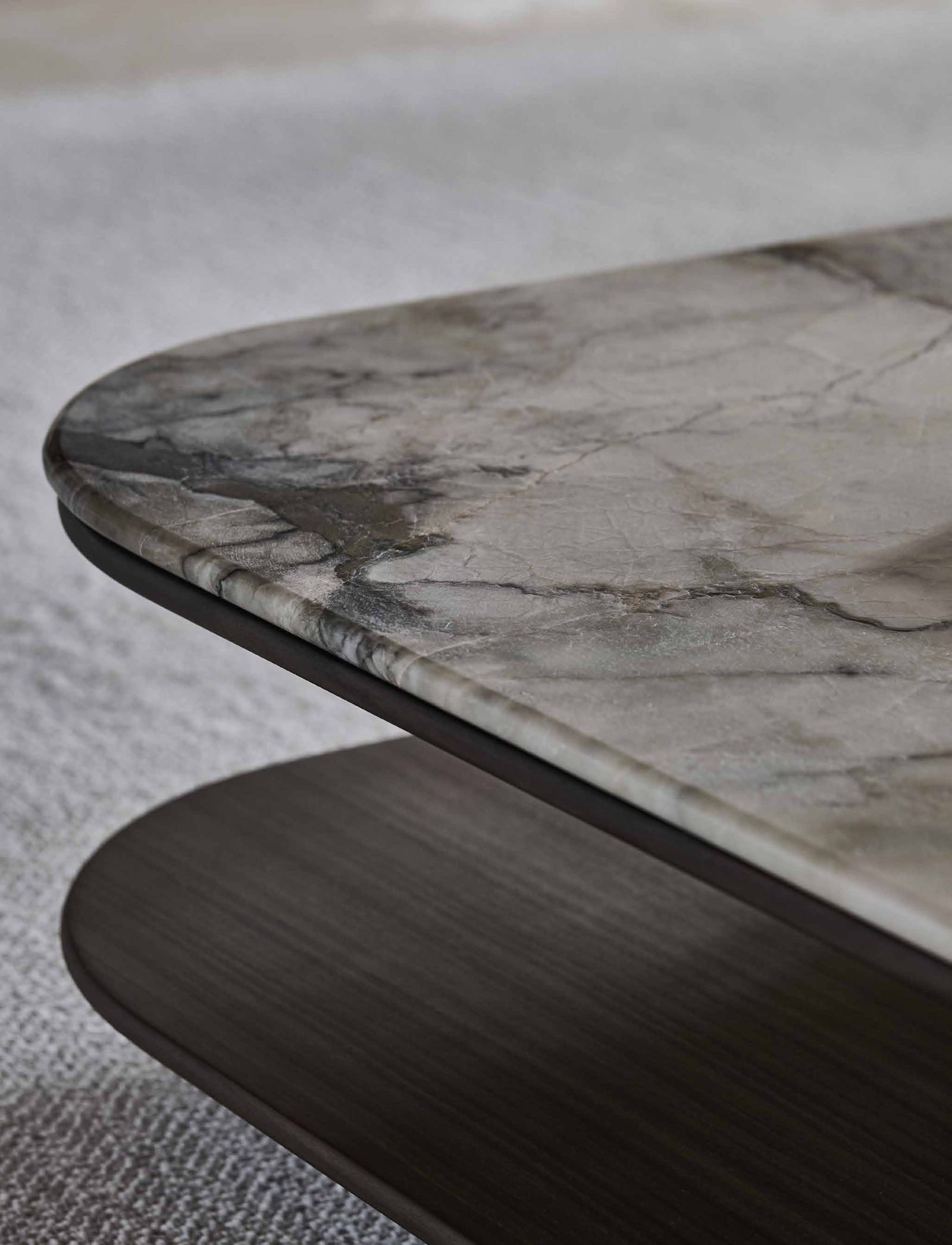 Lausanne Coffee Table — Luxury Stone & Wood, Coexistent Texture, styled in a luxury living room