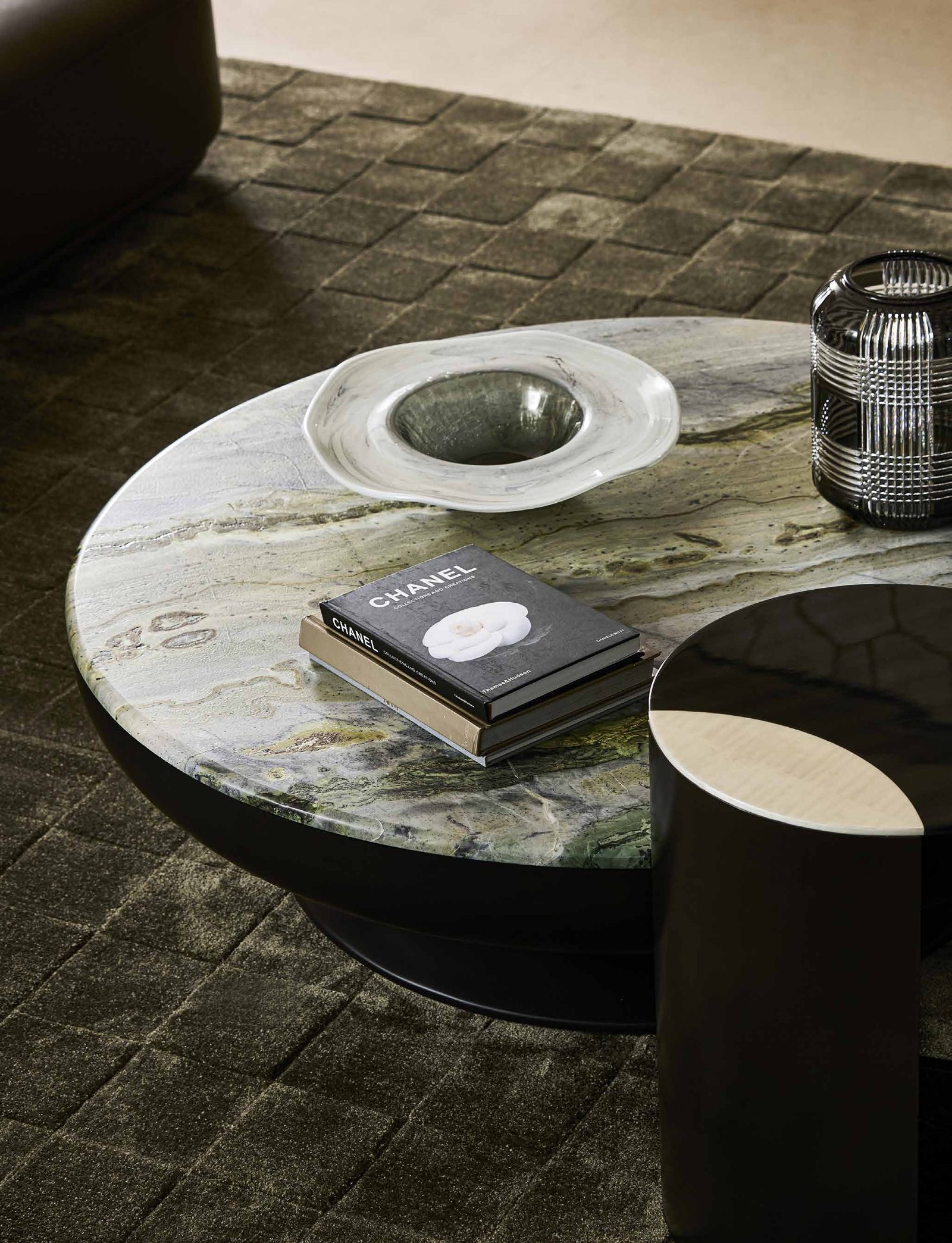 Rivoli Coffee Table — Marble & Wood, Rounded Luxury, styled in a luxury living room