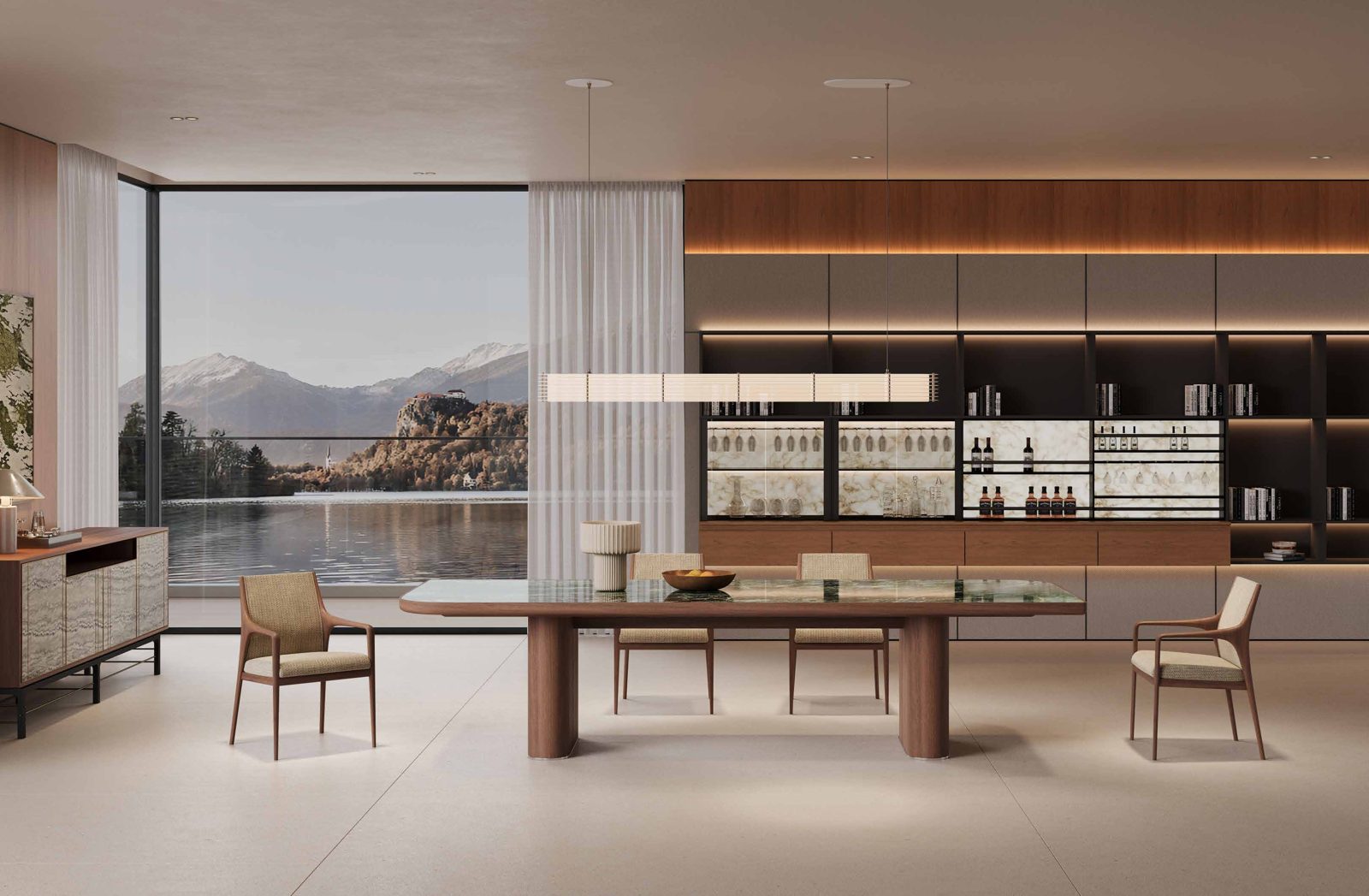 Siena Dining Table — Seamless Stone Inlay & Wood-Stone Harmony, styled in a luxury dining room