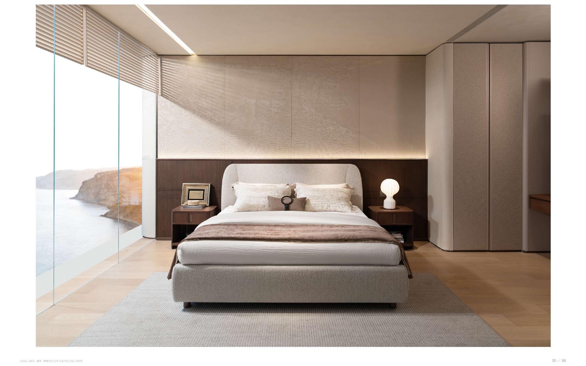 Upholstered platform bed in a quiet bedroom