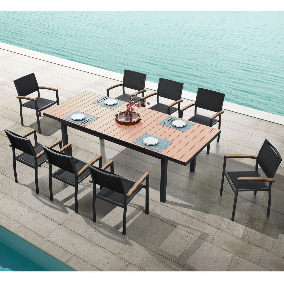Carlo 8+1 pieces extendable Outdoor Dining set, Faux Wood Slats Tabletop