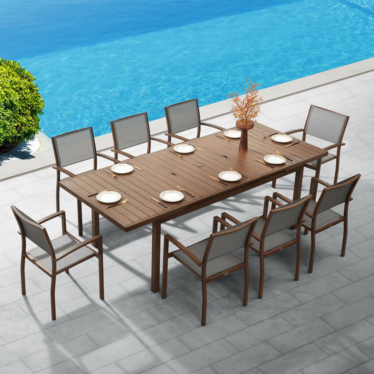 Carlo 8+1 Pieces Patio Dining Set with umbrella hole and extendable Table